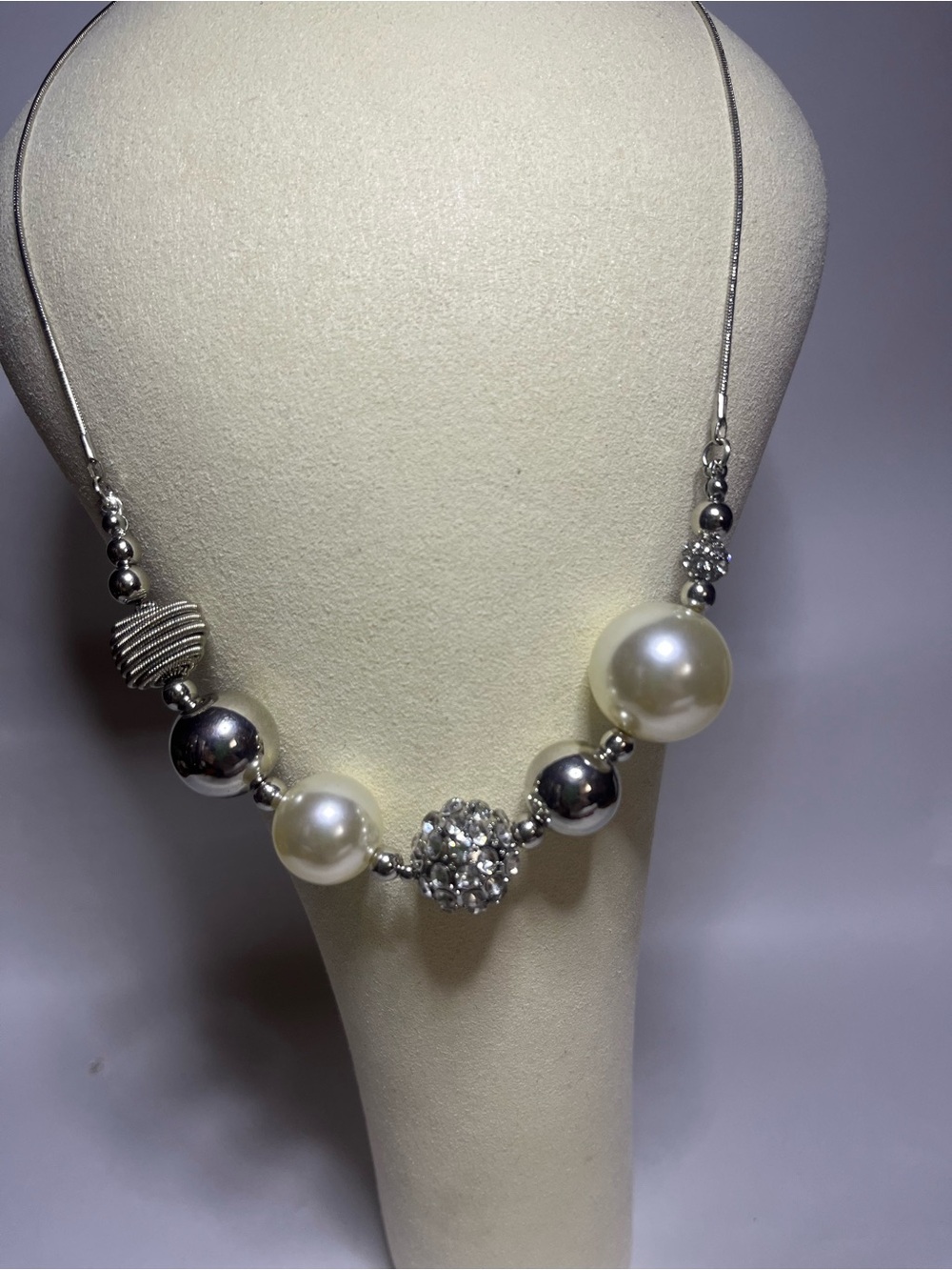 Faux Pearl and Silver Crystal Bead Necklace - White